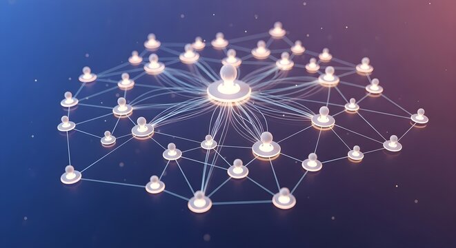 Abstract network of interconnected glowing people icons symbolizing global connection, community, and social media.