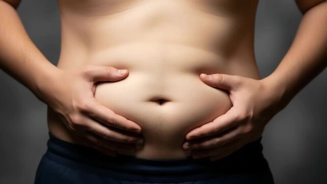 Unhealthy Body Image A person clutching their stomach showing excess fat and an unhealthy physique This image highlights concerns about body weight and body fat