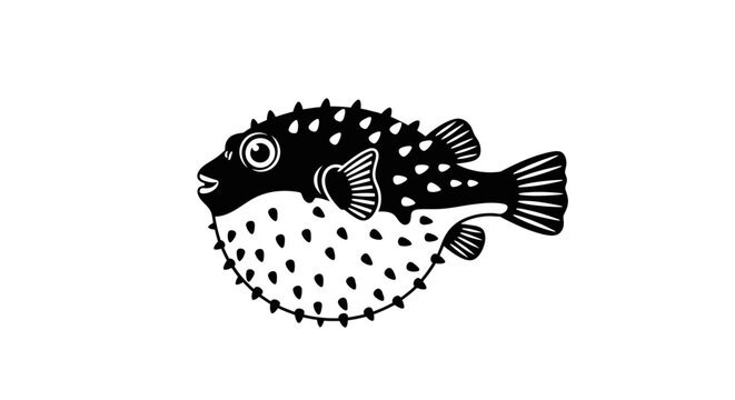 Black and white pufferfish illustration with spots with distinctive spots fins fins plain background sea creature wildlife seafood graphic with marine