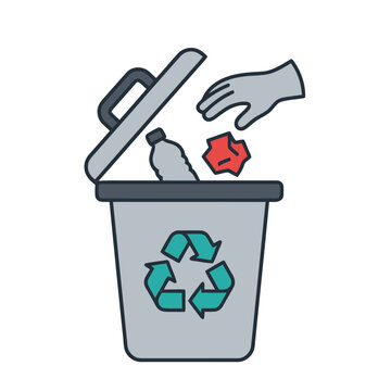 Trash can with recycling symbol and hand throwing trash