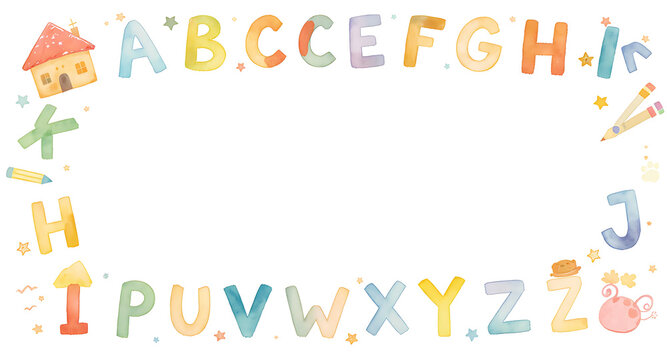Watercolor Alphabet Border with School Supplies and Cute House.