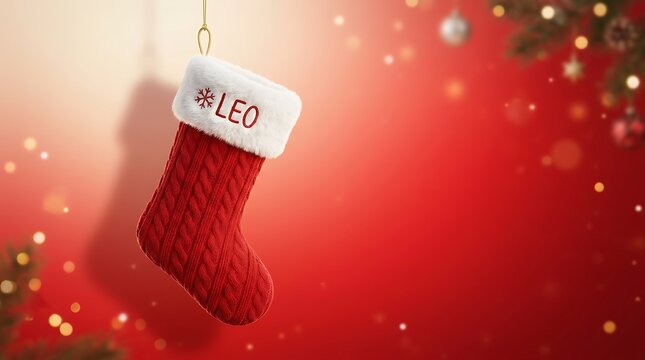 Christmas Stocking with Leo Text Hanging on Red Bokeh Background Banner