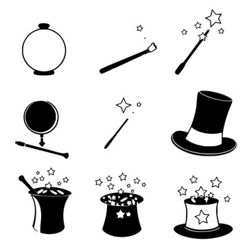Magical objects set with 9 black and white vector illustrations arranged in a 3x3 grid featuring wands, stars, and top hats with stars bursting out with crystal balls and wonder