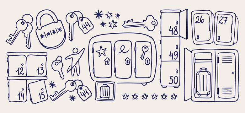 School sports locker room doodle background, student locker line art pattern, gym training sketch illustration, fitness workout seamless texture, key cabinet icon set, team game elements wallpaper, pr