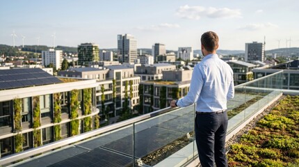 Fototapeta premium Businessman standing on a rooftop terrace with glass railing looking out at a modern sustainable city skyline featuring solar panels and vertical gardens