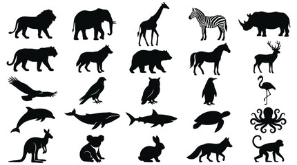 Black animal silhouettes, wildlife icons, 25 animal shapes, vector illustrations Vector © Mst