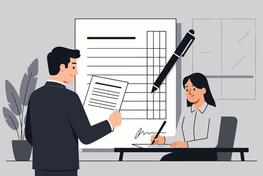 Business professionals signing a contract and reviewing documents at an office desk under a giant pen.