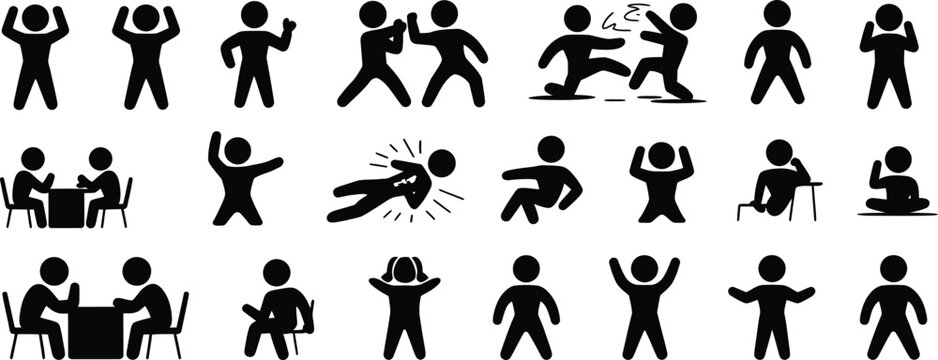 Aggressive Behavior Icon in black line, filled, outline, and solid styles depicting shouting, arguing, confrontation, anger, stress, and hostile communication.