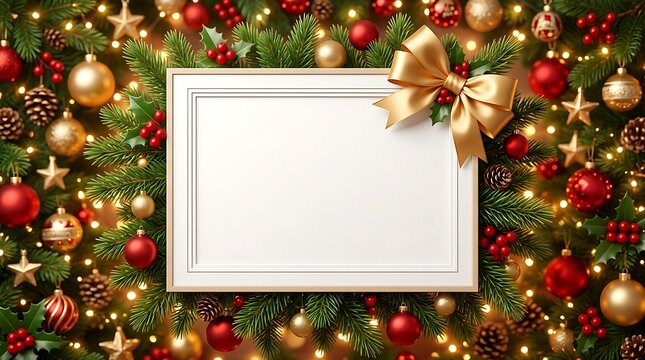 Empty white frame with golden bow on Christmas tree bokeh background with red and gold ornaments