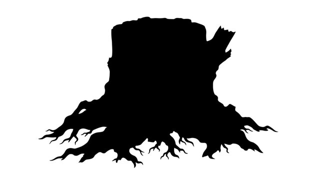 Black tree stump silhouette, root system, vector illustration, landscape element, nature icon Vector