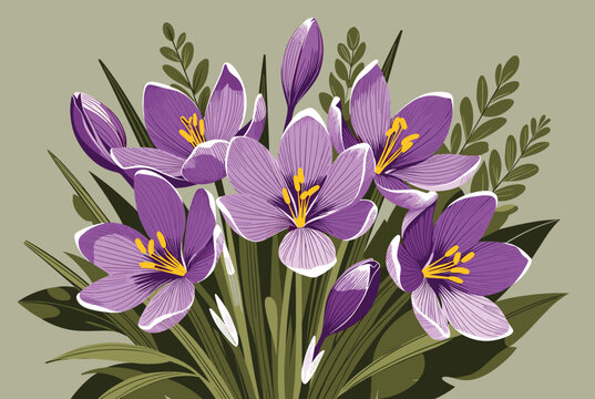 Beautiful bouquet of purple crocus flowers with bright yellow pistils and green leaves on an olive green background.