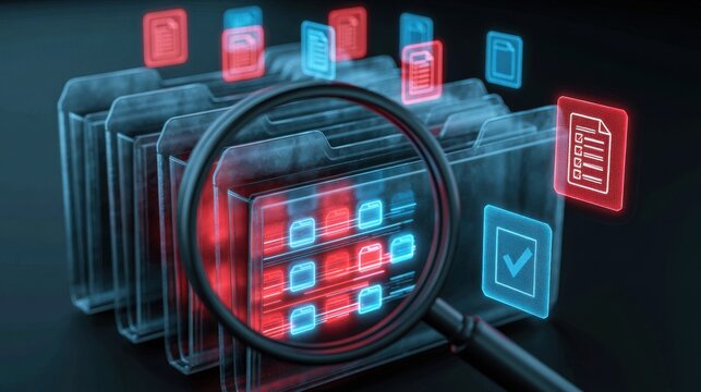 Magnifying glass inspecting glowing digital folder with file icons and checklist symbols representing data analysis, document verification, and cybersecurity concept in dark background