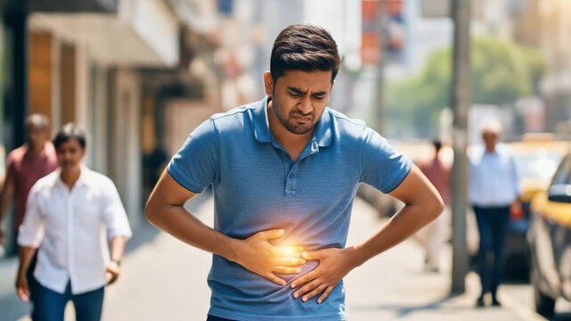 Abdominal Pain on City Street A man clutches his stomach in pain while walking on a busy city street highlighting discomfort and illness amidst urban life