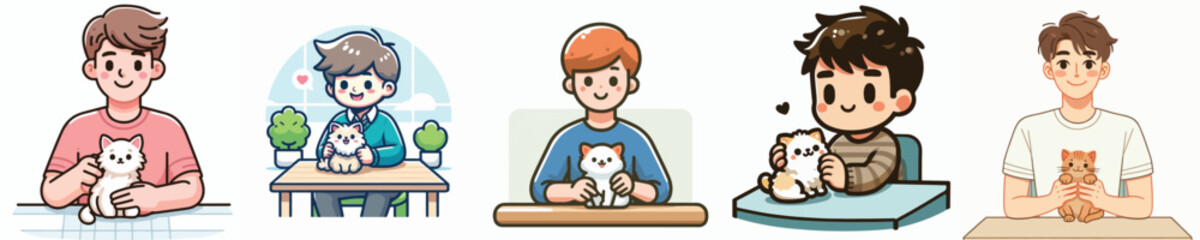 Obraz premium Cute cartoon boys with pets set, student with cat and dog, daily life vector illustration