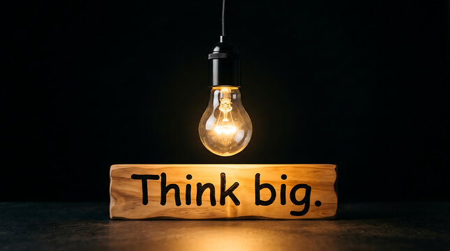 Inspirational motivation, Think big concept, Light bulb with wooden block, Dark background