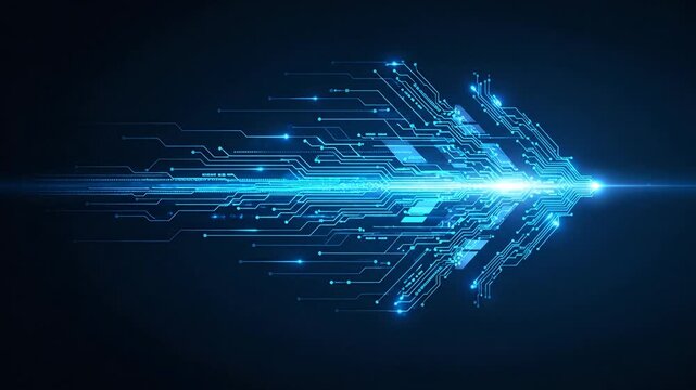 Digital circuit board arrow animation with glowing blue data flow representing technology