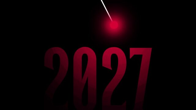 Minimalist red year twenty twenty seven countdown graphic element with swinging pendulum light.