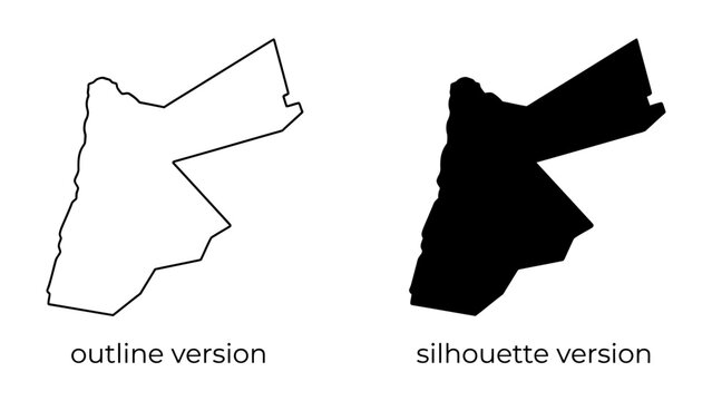 Jordan Map Outline and Silhouette: A clear depiction of the Hashemite Kingdom of Jordan presented in both outline and silhouette forms.