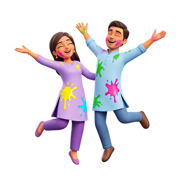 Couple celebrating with colorful paint splatters