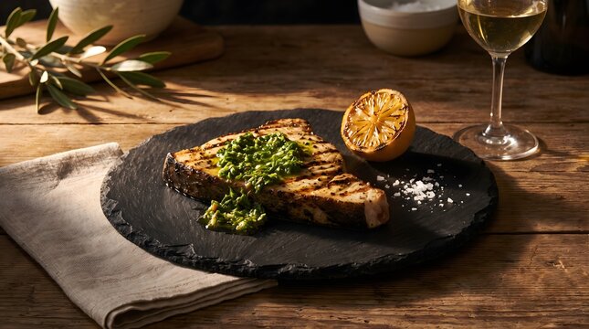 Grilled swordfish steak served with charred lemon on a slate plate