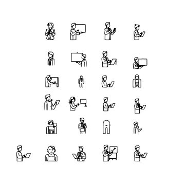 Presentation icons set with 24 simple black and white line illustrations arranged in a 6x4 grid featuring speeches, slides, audiences with microphones and projectors and charts