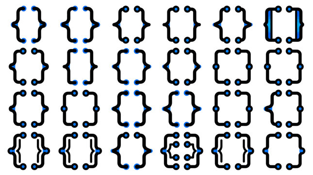 Various set of modern curly brackets and brace icons with blue circuit nodes on white background, illustrating software development tools and representing computer programming syntax