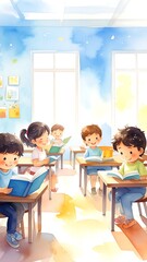 Obraz premium Group of Happy Diverse School Children Reading Books in Classroom.