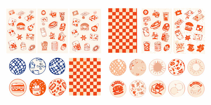 fast food diner branding elements vector illustration burger fries soda checkered pattern retro design icon logo menu