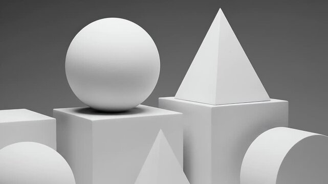 White Geometric Shapes Still Life Studio Lighting With Gray Background