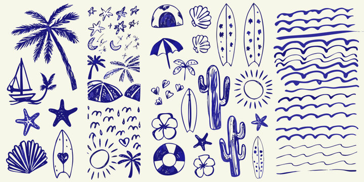 hand drawn blue summer beach doodles on white background palm tree starfish shell surfboard umbrella sun cactus