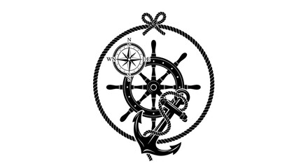 Nautical steering wheel with compass with surrounded rope circle bow top illustration ship steering black white illustration navigation transport © Priyanka