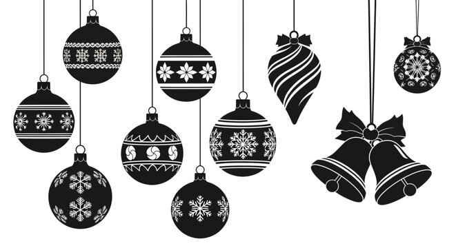 Black with black white christmas ornaments bells hanging strings white background decorations snowflakes patterns holiday festive winter with icons