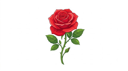 Fototapeta premium Single Red Rose Flower with Green Stem and Leaves