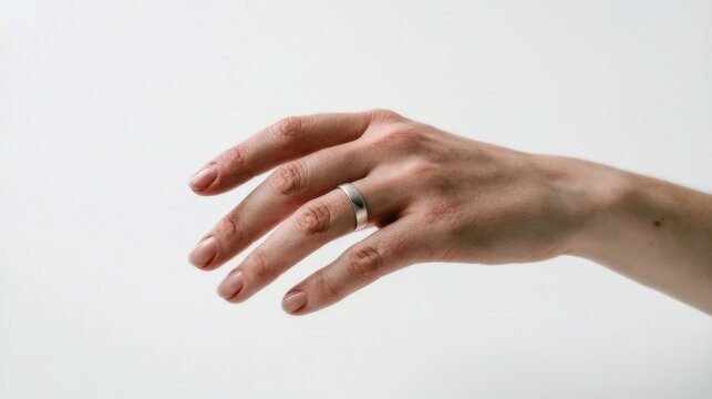 Close-up of a human hand with a silver ring on the middle finger isolated on white background showing natural skin tone and smooth texture