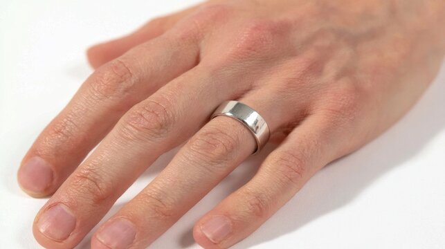 Close-up of a hand wearing a plain silver ring on the finger with natural skin texture and visible veins on a white background