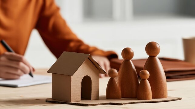 Small wooden house model and family figures on table with person writing in background focused on planning or insurance concept in office environment