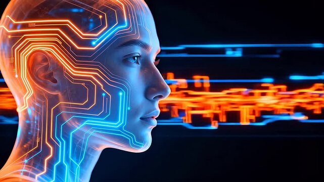 Human head with glowing circuit patterns