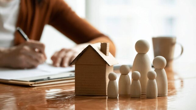 Close-up of wooden figure family and house model on table with person writing on clipboard in background representing home planning and insurance concept
