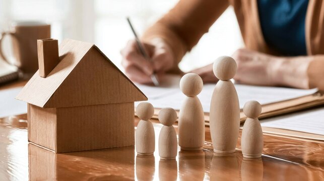 Person signing important document with wooden house and wooden human figures representing family planning home insurance or legal agreement on table