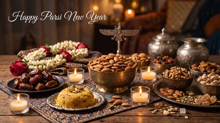 Naklejka premium Happy Parsi New Year Vector Greeting Card Banner with Traditional Haft-Sheen Table, Navroz Celebration, Faravahar Symbol, Dry Fruits, Nuts, Dates, and Sweets