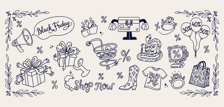 Shopping sale discount event, hand drawn retail store wallpaper, black friday commerce background, consumerism cart fashion sketch, market shop marketing design, purchase budget economy vector, specia