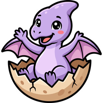 A purple cartoon dragon hatches from an eggshell with excitement.