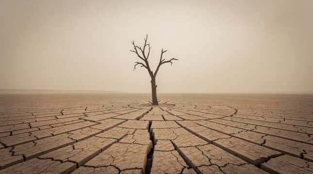 A lone dead tree stands on cracked, parched earth under a hazy sky, depicting drought and arid conditions in a barren landscape.