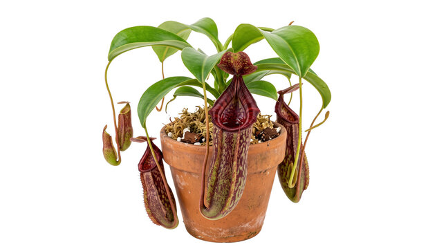 Nepenthes carnivorous pitcher plant in terracotta pot, exotic tropical monkey cup houseplant, botanical specimen on white background
