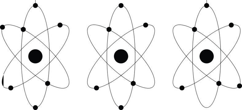Atom Icon in clean modern line, filled, outline, and solid styles featuring atomic structure, nuclear energy, and molecule symbols for science education and research.