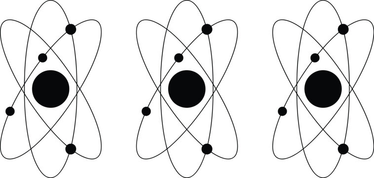 Atom Icon in clean modern line, filled, outline, and solid styles featuring atomic structure, nuclear energy, and molecule symbols for science education and research.