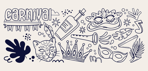 Carnival party celebration seamless pattern, vintage masquerade mask wallpaper, festival crown line drawing, hand drawn parade background sketch, mardi gras music backdrop, fun entertainment vector de © Geetaroy