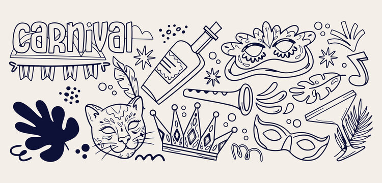 Carnival party celebration seamless pattern, vintage masquerade mask wallpaper, festival crown line drawing, hand drawn parade background sketch, mardi gras music backdrop, fun entertainment vector de