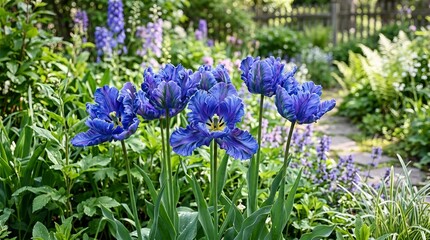 Fototapeta premium Vibrant blue irises blooming in a lush garden during springtime.
