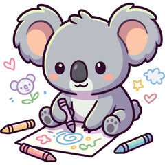 Naklejka premium A cute cartoon koala drawing colorful shapes on paper with crayons nearby